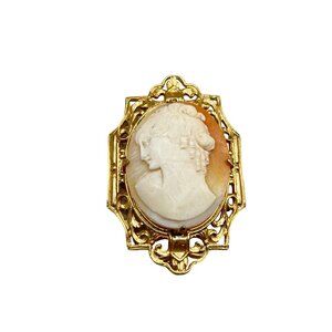 Vintage Cameo Pin Brooch Left Facing Genuine Carved Shell Art Deco Frame Setting